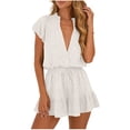 thumbnail image 2 of ClodeEU Women's V Neck Puff Sleeve Romper with Pleated Button and Drawstring Waist ,Casual Jumpsuit Dress White,Womens Plus M, 2 of 6