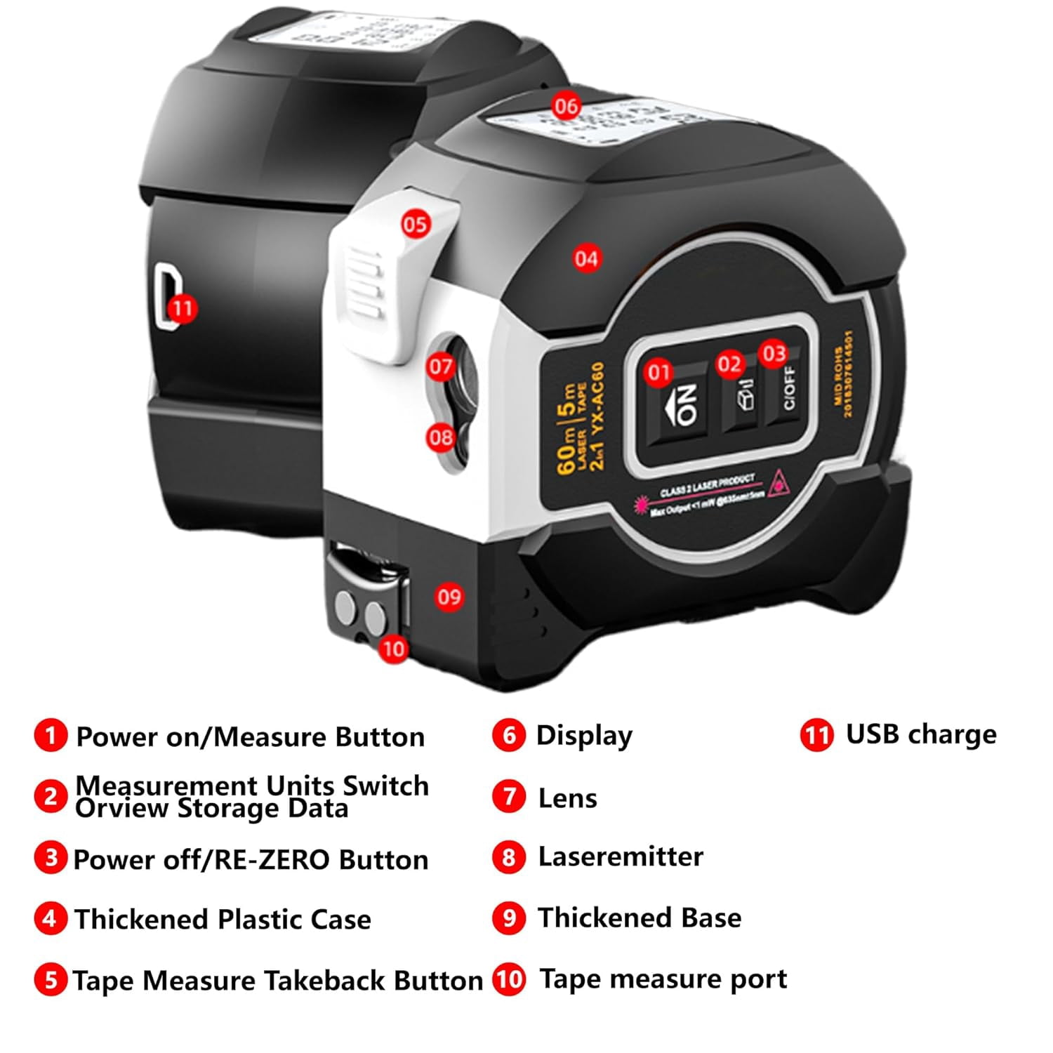 QCZPYP 2-in-1 Infrared Laser Tape Measure: 196Ft/60M Rechargeable Digital Measuring Tape, 16Ft/5M AutoLock Retractable Measuring Tape, Pythagorean, Area, Volume with Switchable Units M/Ft/in
