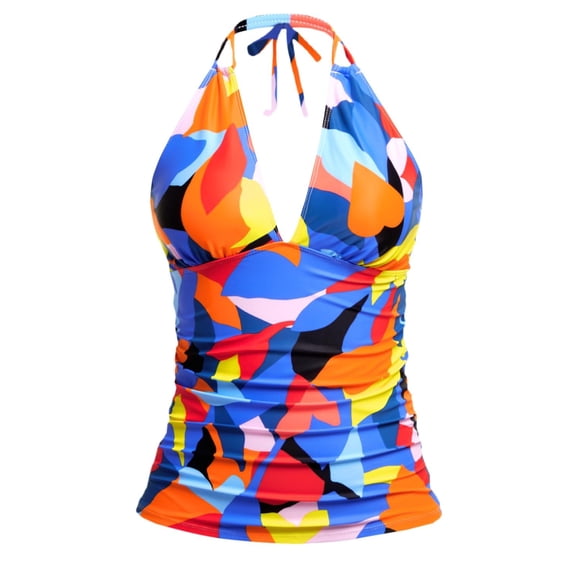 Tankini Tops for Women Swimwear Top Only Halter Swimsuits Tops Tummy Control Plus Size Camo Bathing Suit Blue XL