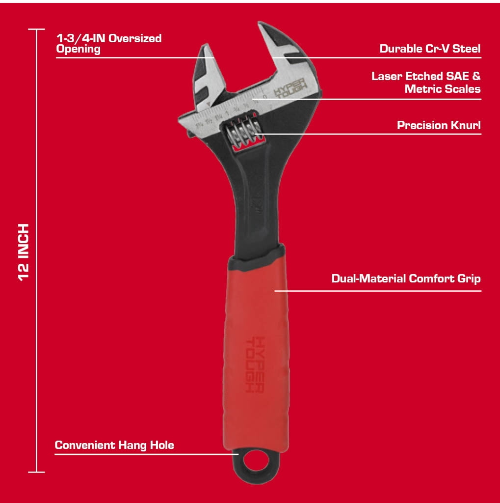Hyper Tough 12-inch Wide Jaw Adjustable Wrench, Dual Material Comfort Grips