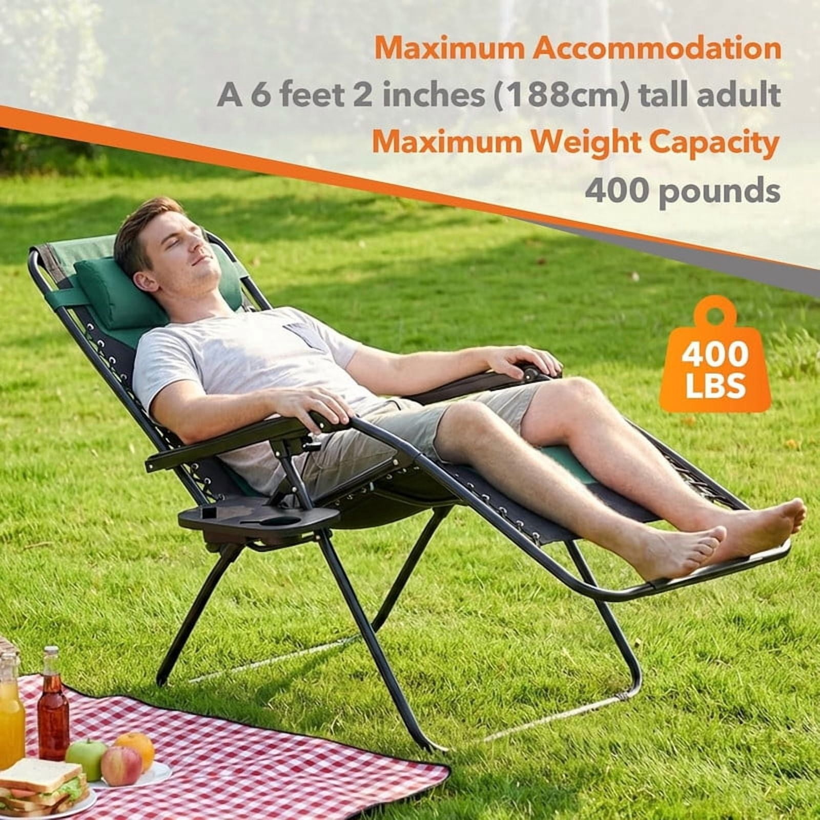 Simenmax Zero Gravity Chairs, 400 lbs Heavy Duty Foldable Patio Recliner with Adjustable Pillow & Cup Holder, Oversized Outdoor Lounge Chair for Backyard Camping Lawn, Black-Green