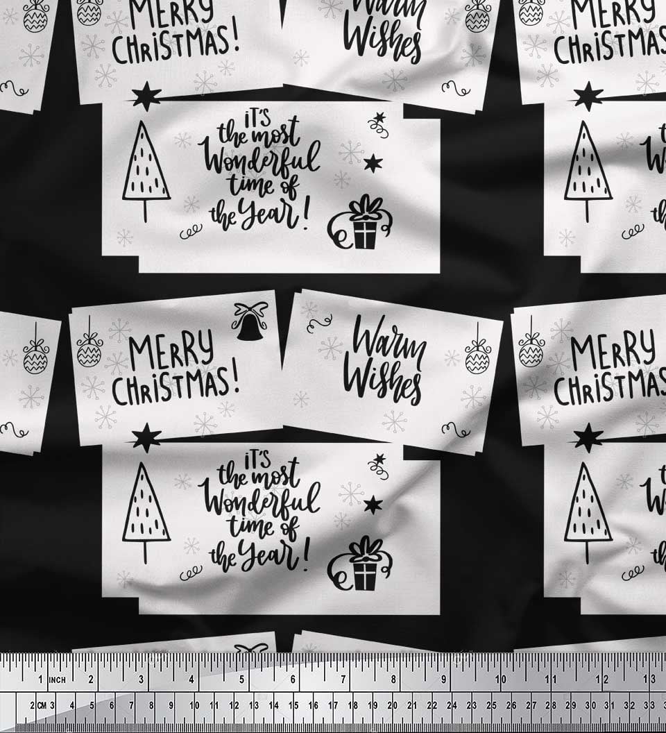 Soimoi Black Silk Fabric Tree & Merry Christmas Text Decor Fabric Printed Yard 42 Inch Wide