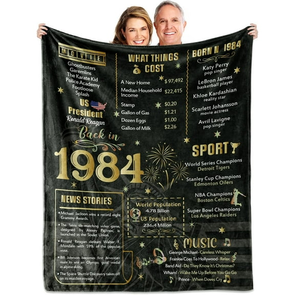 Back in 1984 Birthday Poster Blanket for Women Men, Black Gold 40th Birthday Gifts Idea for Mom Dad Grandpa Grandma Uncle Aunt, 40 Year Old Soft Throw Blanket 50" × 60" for Bed Sofa