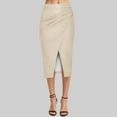 thumbnail image 2 of Fsqjgq Leather Skirts for Women Elegant Fall Winter Leather Skirt High Waisted Front Slit Zip Back Ruched Bodycon Fall Club Long Skirts Beige XL, 2 of 5