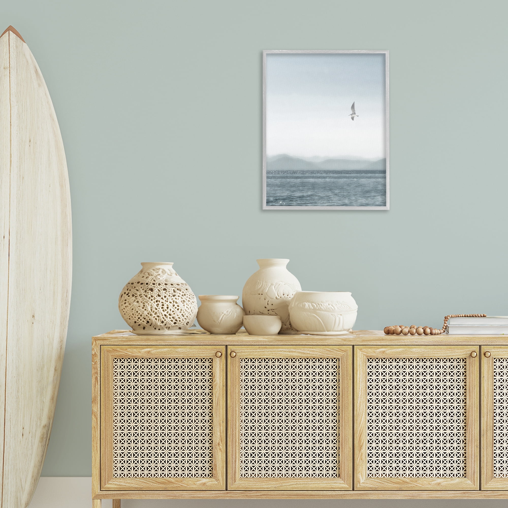 Stupell Industries Lone Gull over Sea Coastal Painting Gray Framed Art Print Wall Art, 24 x 30