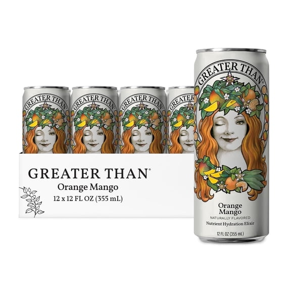 GREATER THAN Orange Mango Coconut Water Fruit Juice Fusion, with Real Electrolytes & Vitamins, 12 Pack, 12 oz Cans