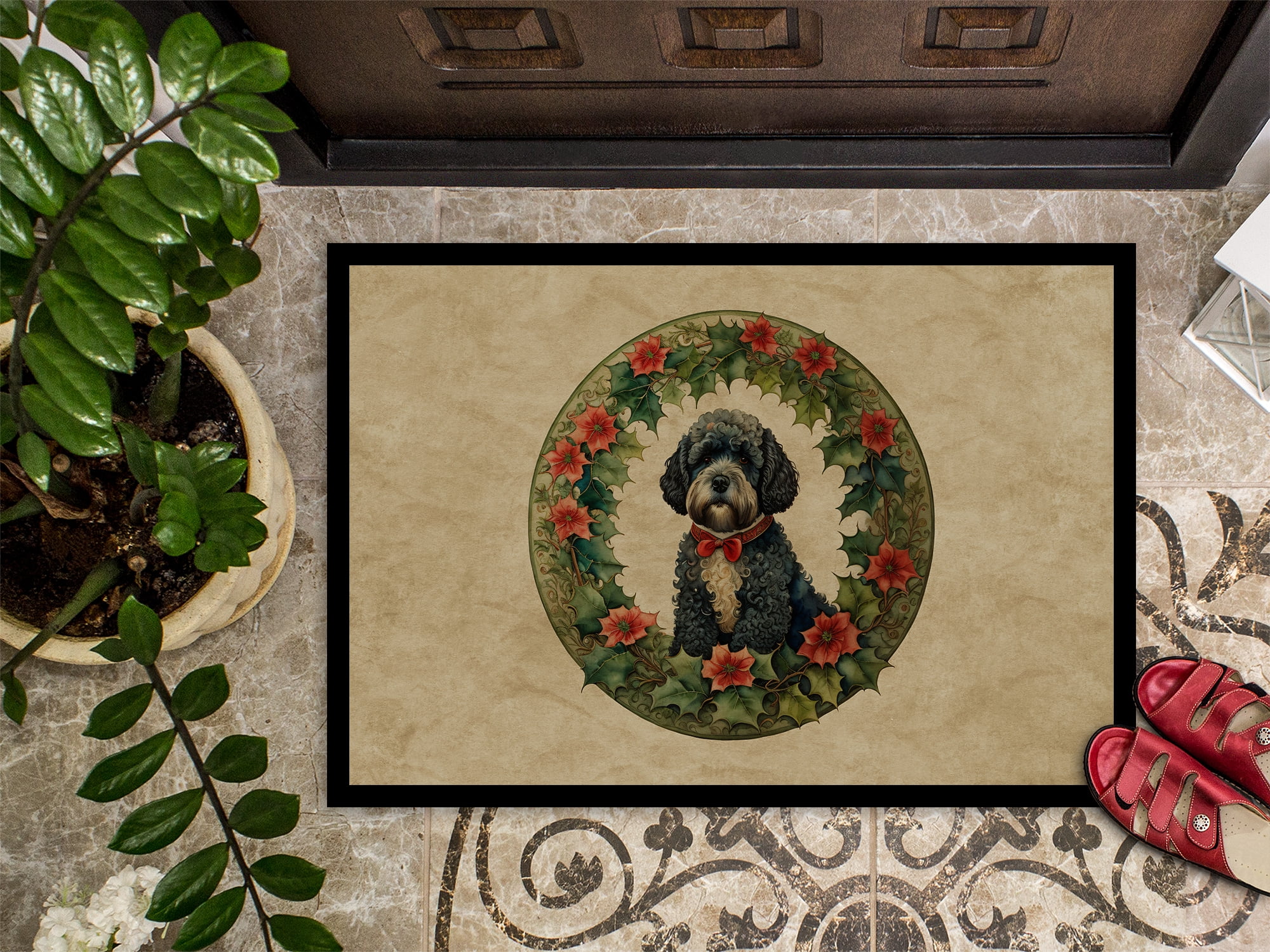 Carolines Treasures DAC2412MAT 18 x 27 in. Unisex Portuguese Water Dog Christmas Flowers Doormat