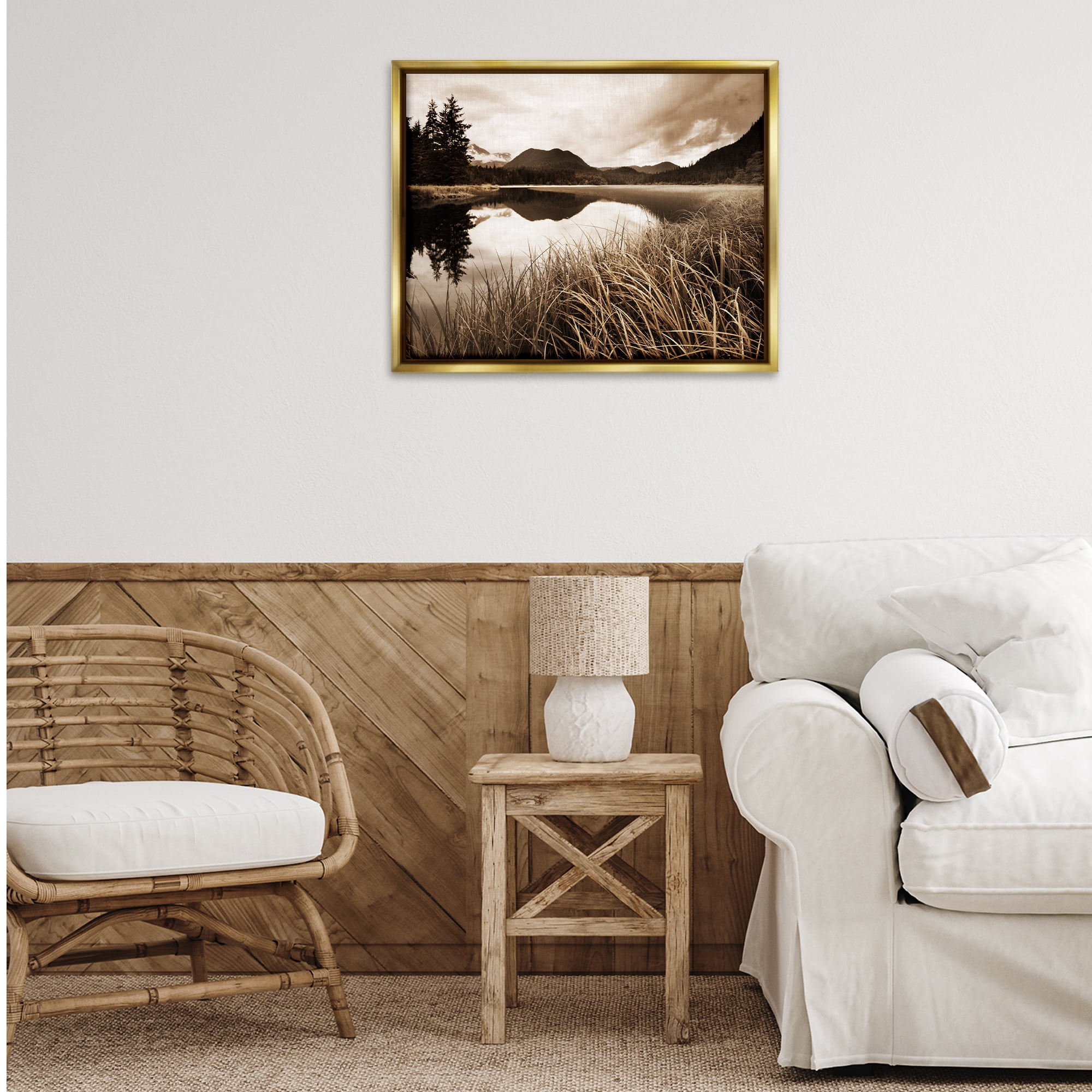 Stupell Industries Sepia Lake Reflection Landscape Photography Gold Floater Framed Art Print Wall Art, 31 x 25