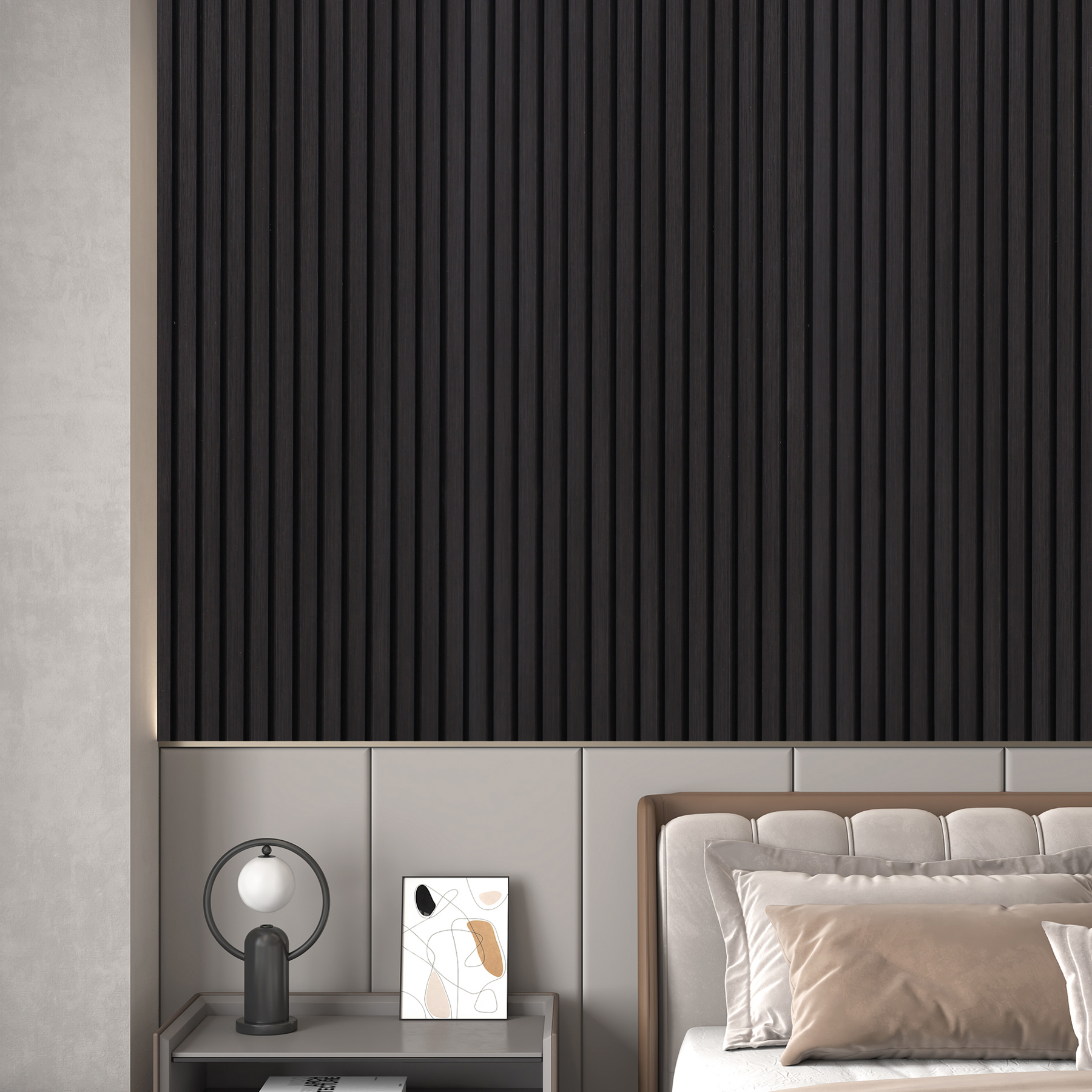 Taaizau 3D Slat Acoustic Wall Panels with Wood Finish Accent, 4 Pack Sound Absorbing Paneling for Studio, Office, Living Room, Bedroom Interior Decor (Matte Black, 48''L x 24''W)