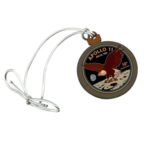 NASA Apollo 11 50th Anniversary Patch with Eagle on The Moon Mini Small Tiny Wood Christmas Tree Holiday Ornament