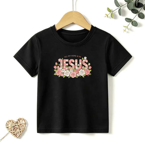 Girls Graphic Tees Jesus Hope Floral Kids T Shirt Christian Faith 100% Cotton Short Sleeve Soft Tops 4-13Y