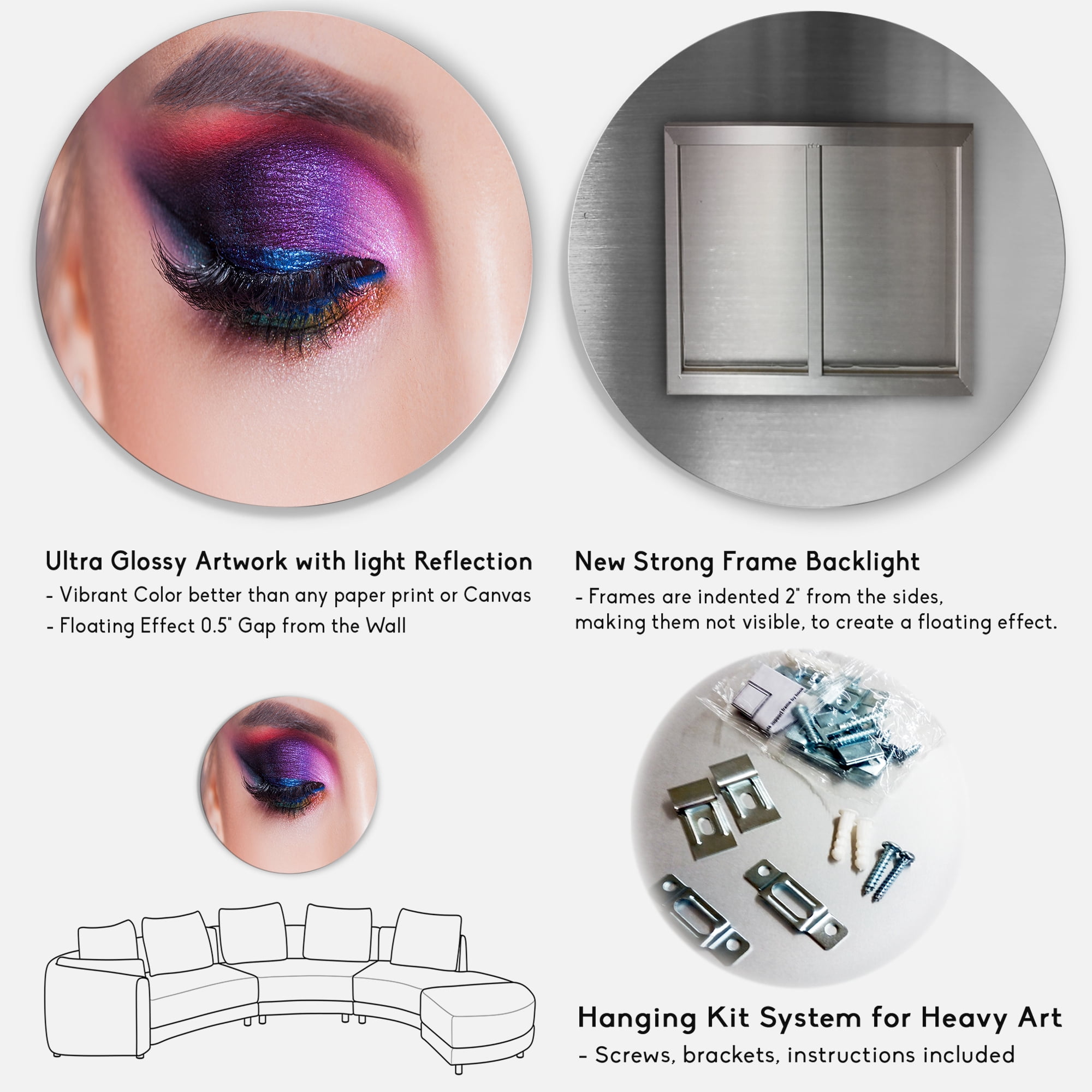 Designart 'Bright Eye Makeup In Luxurious Blue And Pink Shades' Modern Circle Metal Wall Art 11x11 - Disc of 11