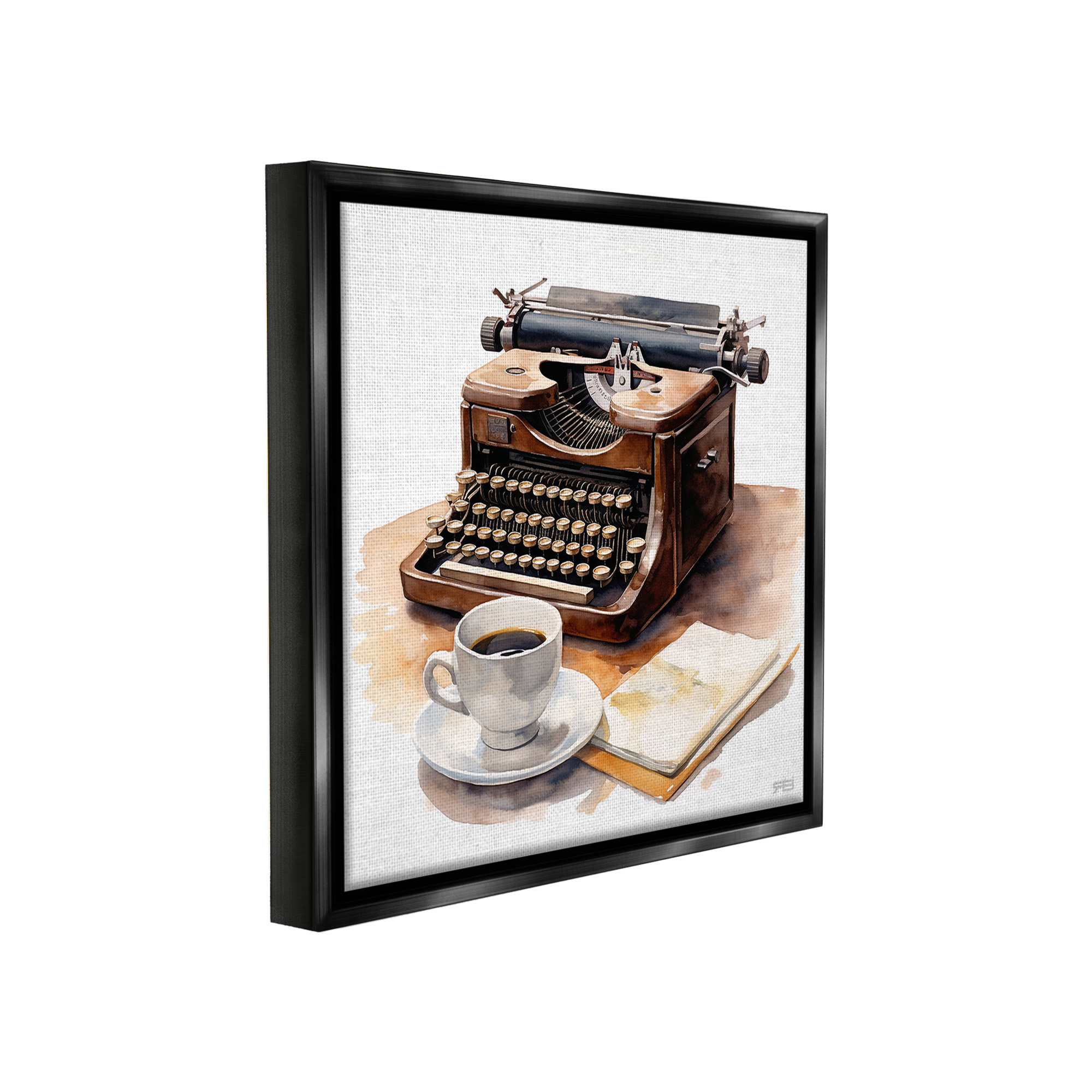 Stupell Industries Typewriter with Coffee Mug Food & Beverage Painting Black Floater Framed Canvas Art Print Wall Art, 25 x 25