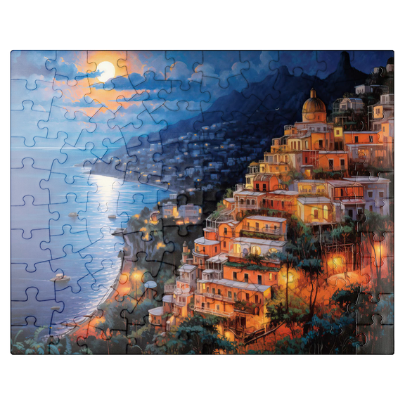 MyPuzzle - Moonlit Amalfi Coast Village Scene - Premium 100 Piece Jigsaw Puzzle for Adults