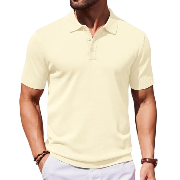 Delconic Men’s Classic Short Sleeve Polo Shirt with Turn Down Collar Button Closure for Business and Casual Wear Beige L