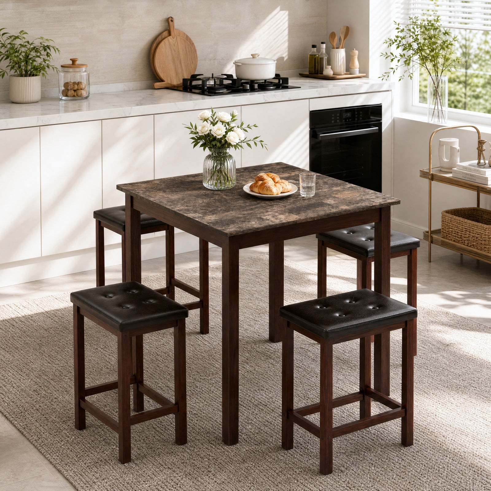 Furnibear 5 Piece Counter Height Bar Table Set with Dining Table and 4 Bar Stools with Rubber Wood Legs for Kitchen Breakfast Nook Seating, Brown