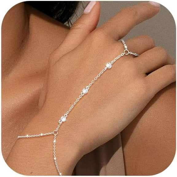 Hand Chain Bracelet for Women Dainty 14K Gold/Silver Plated Ring Chain Cubic Zirconia CZ Beaded Station Bracelet Trendy Simple Fashion Body Jewelry Waterproof Gifts for Her