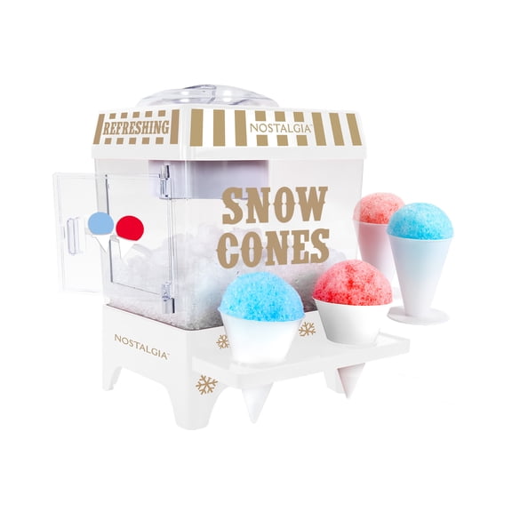 Nostalgia Snow Cone Maker, Tabletop Shaved Ice Machine with 2 Ice Molds and Ice Scoop, White