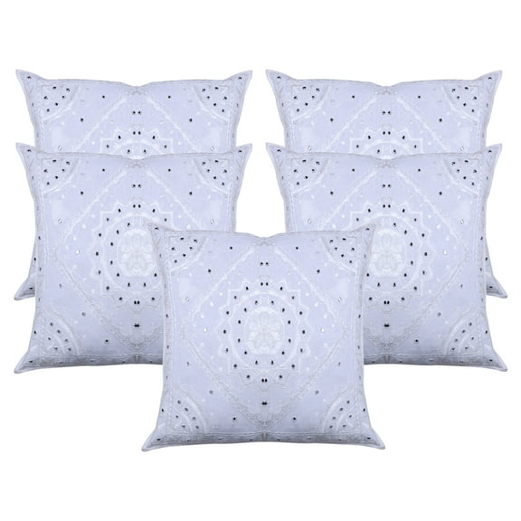 Stylo Culture Ethnic Cotton Decorative Throw Pillow Covers White 24x24 Large Traditional Embroidered Mirrored Sofa Cushion Covers 60 x 60 cm Home Decor Bohemian Square Pillow Cases | Set Of 5