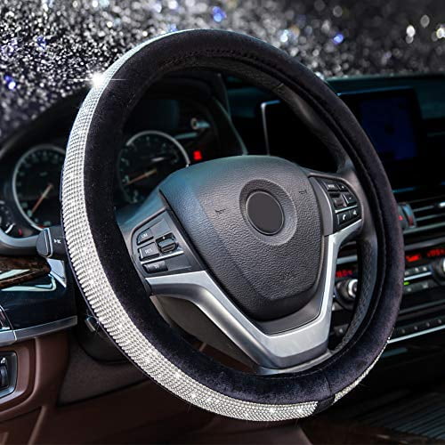Black Alusbell Car Steering Wheel Cover Fur Bling Bling Rhinestone Luxurious Universal for Girls Lady Winter Warm 