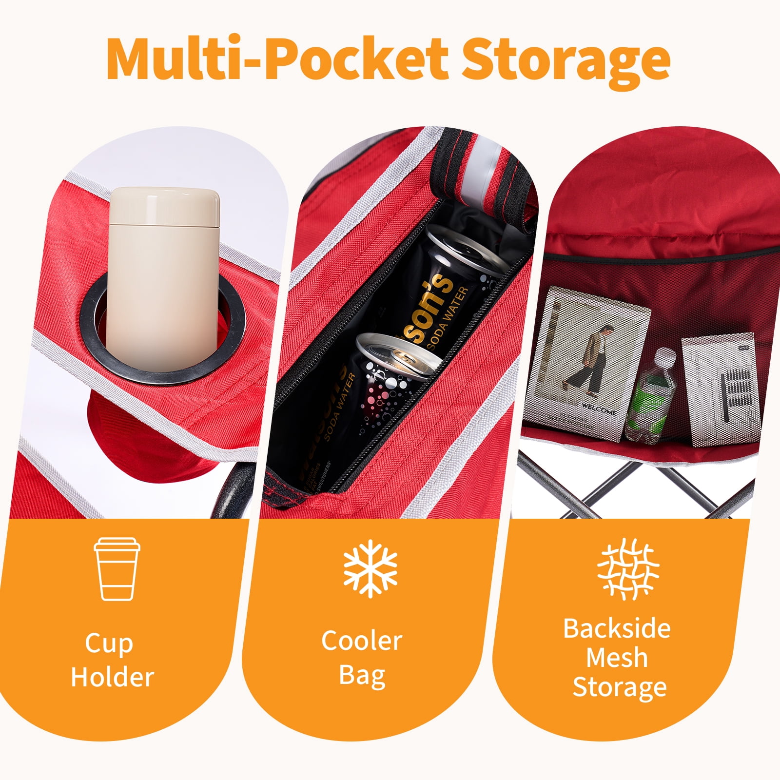 2 PCS Oversized Camping Chair, Folding Chairs with Padded Back and Armrest, Steel Frame with Cooler Bag, Storage Netting Cup Holder, Red