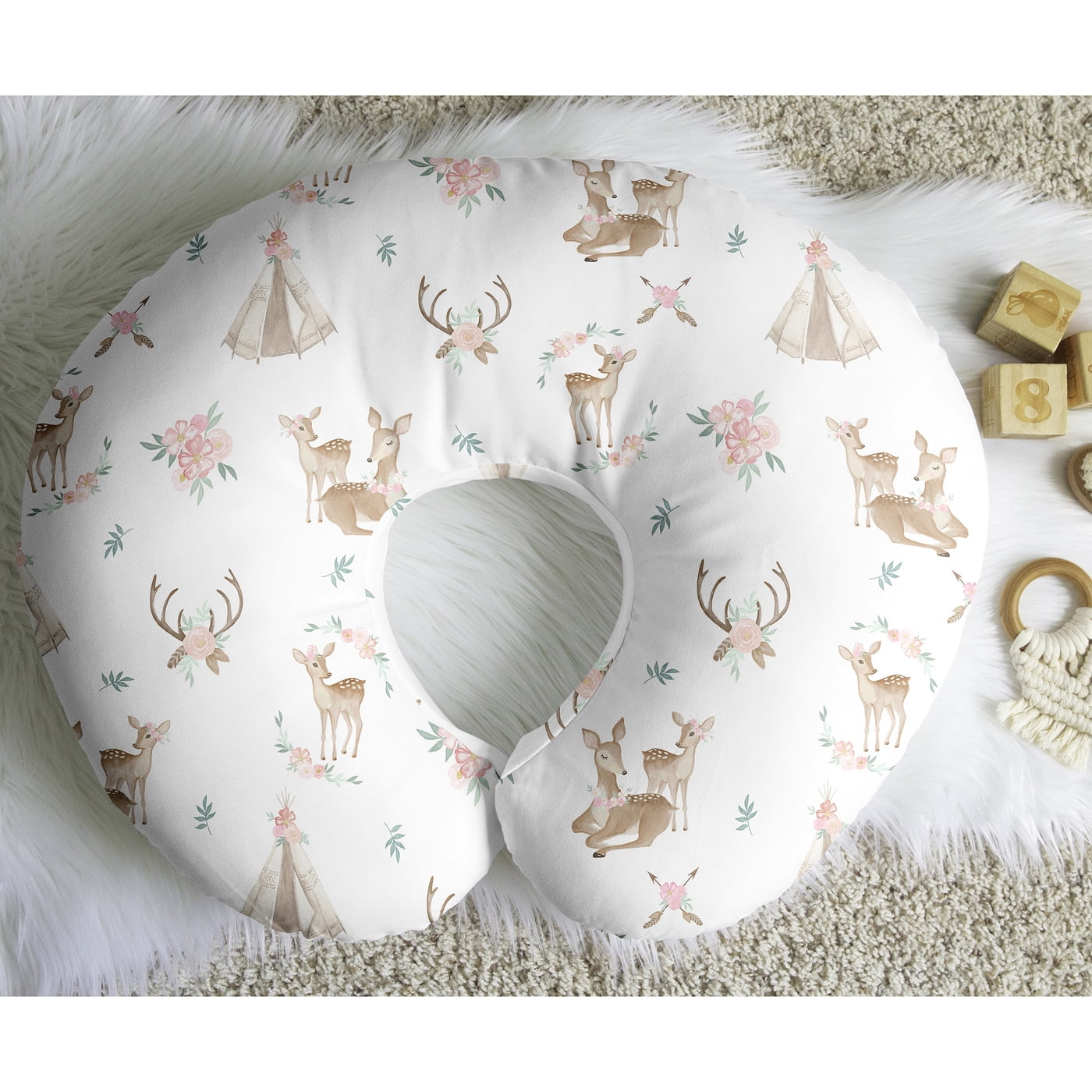 Sweet Jojo Designs Deer Floral Pink Green and White Nursing Pillow Cover Case (Pillow Not Included) (Pillow NOT Included)
