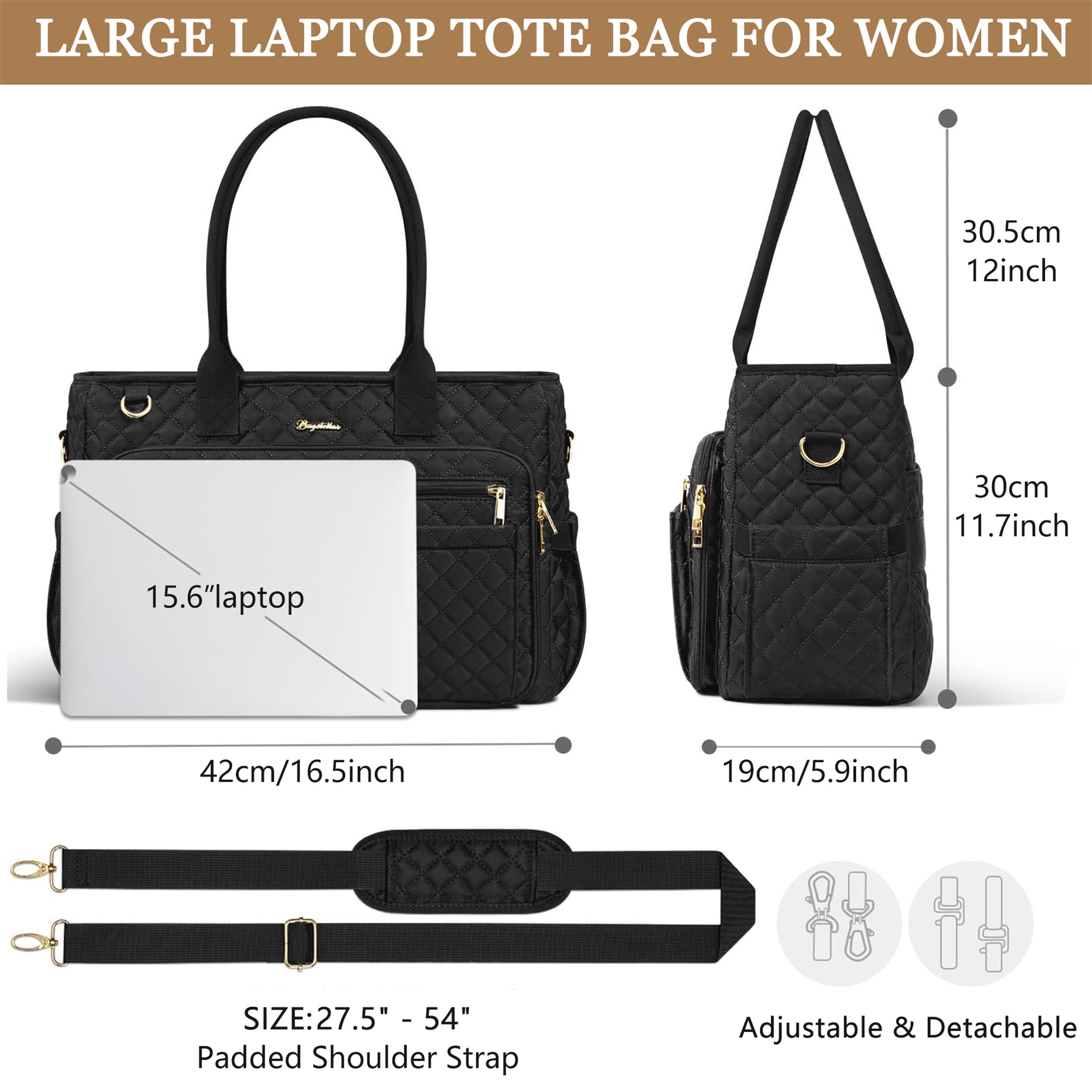 Teacher Tote Bag 15.6 inch Laptop Bag for Women, Work Bags Nurse Bible Bag Quilted Lightweight Laptop Tote Computer Briefcase for School Travel Office College, Black