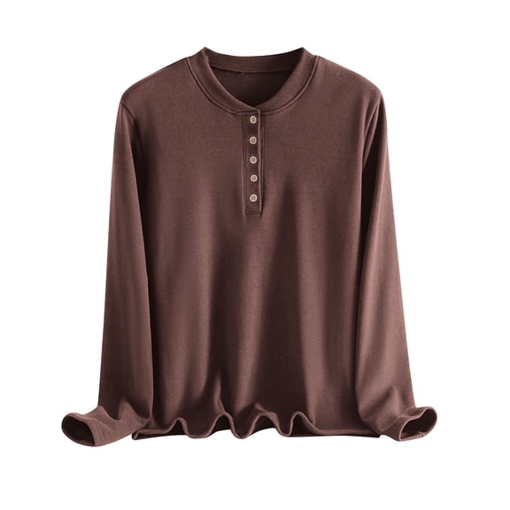 Ltctricy Women's Plus Size Thermal Shirts Fleece Lined Long Sleeve Mock Neck Quarter Button Loose T Shirts Warm Base Layer Tops(Coffee,X-Large)