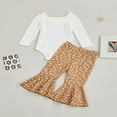 thumbnail image 4 of 2 Pieces Baby Suit Set  Solid Color U-Neck Long Sleeve Ruffle Romper+ Floral Print Flared Pants for Girls  0-18 Months, 4 of 9