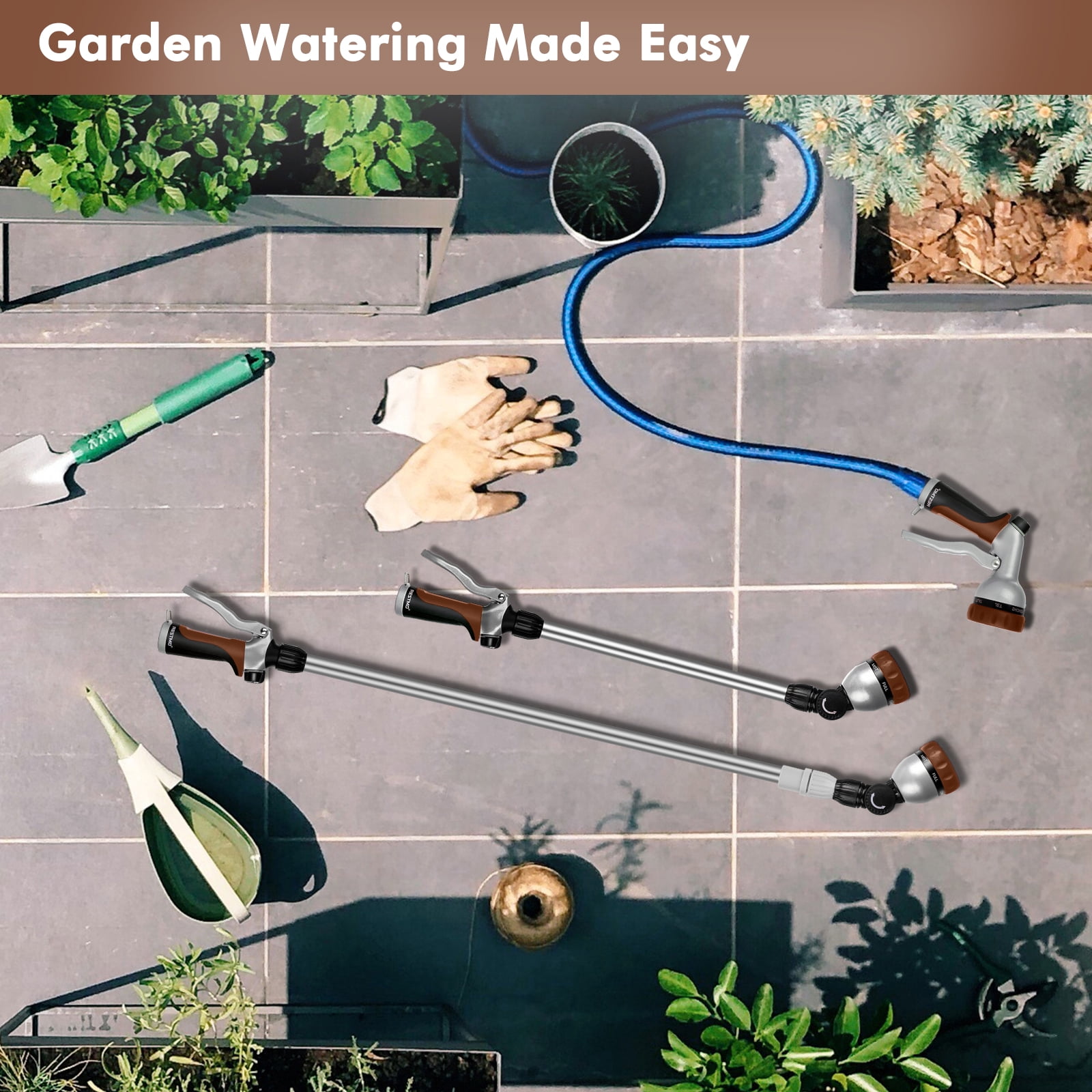 Restmo Telescopic Metal Watering Wand, 36-60 Inch Long Adjustable Tube with 180° Ratcheting Head, 7 Spray Patterns and Flow Control | Garden Hose Sprayer for Hanging Baskets, Shrubs, Lawn, Brown