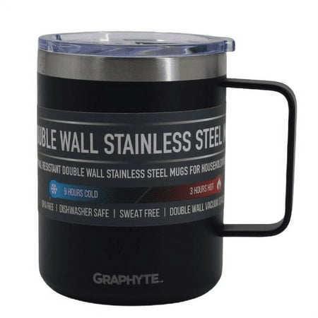 GRAPHYTE Double Wall Vacuum Insulated Stainless Steel Mugs with Handle and Slider Lid, Black (12oz)