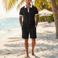 thumbnail image 2 of LTTVQM Men Relaxed Fit Summer Waffle Fabric Contrast Collar Polo Shirt Elasticated Drawstring Shorts Casual Resort Tracksuit Black M, 2 of 9