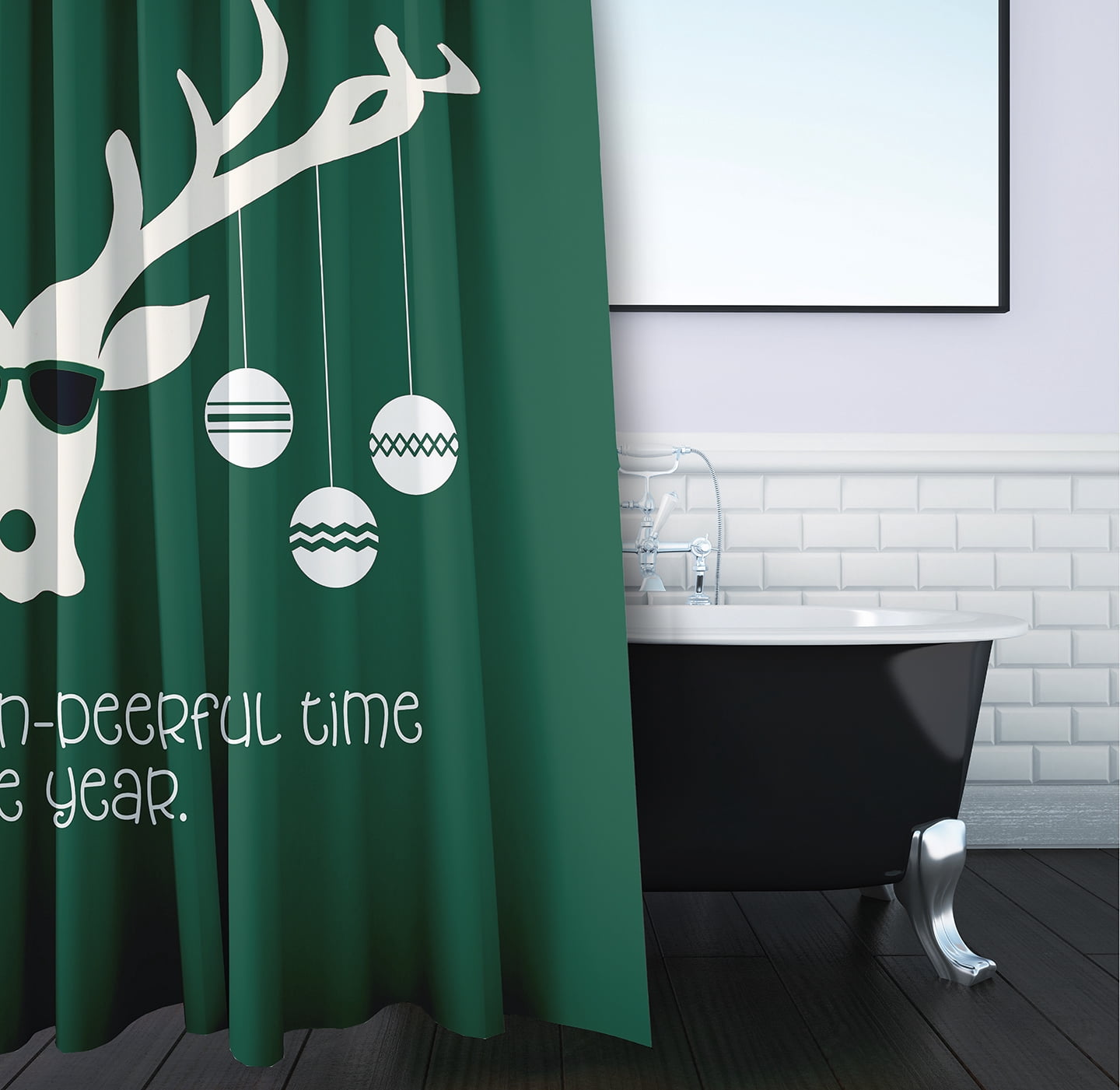 Simply Daisy 70" W x 73" L Cool Christmas Deer Polyester Shower Curtain, Forest Green [1 Ct]