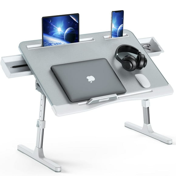 Laptop Bed Tray Desk, Foldable and Adjustable Lap Table with Heights and Angles, Upgraded-Sturdy Laptop Lap Desk for Bed/Sofa/Couch/Floor (2 Drawers,