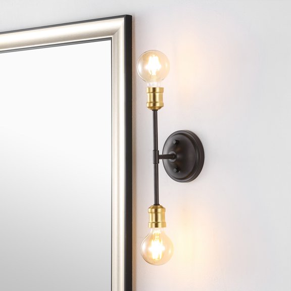 JONATHAN Y Jaxon 13.25" 2-Light Industrial Farmhouse Iron LED Vanity, Oil Rubbed Bronze/Brass Gold