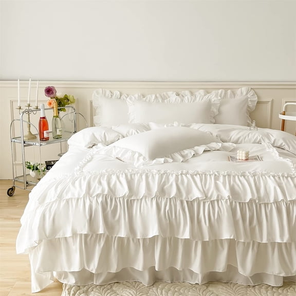 White Ruffle Queen Washed Microfiber 3-Piece Bedding Duvet Cover Set