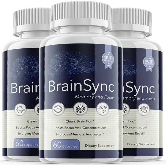 (3 Pack) Brain Sync - Dietary Supplement for Focus, Memory, Clarity, & Energy - Advanced Cognitive Support Formula for Maximum Strength - 180 Capsules