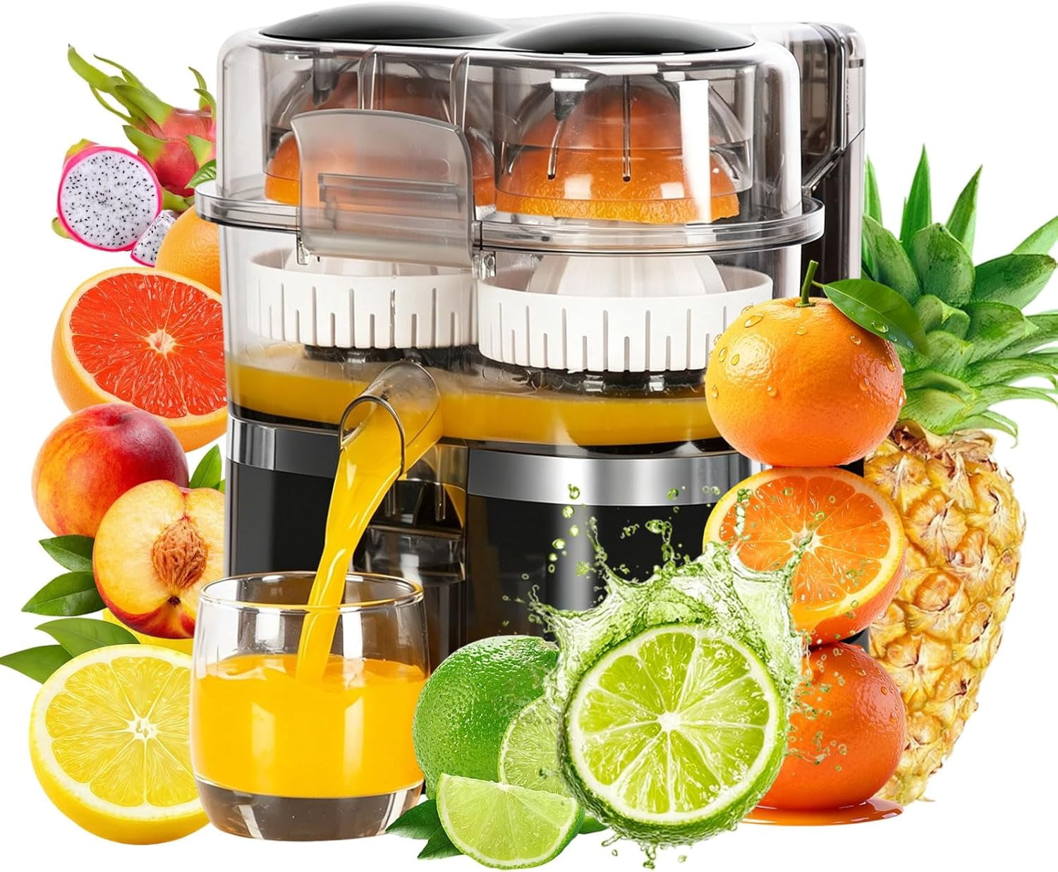 Dual-Head Automatic Citrus Juicer, Orange Juicer Electric, 1-Button Automatic Juicer Machine for Orange, Lemon, Lime, Easy to Clean & Use, Built-in Cutter and Cleaning Brush (White)