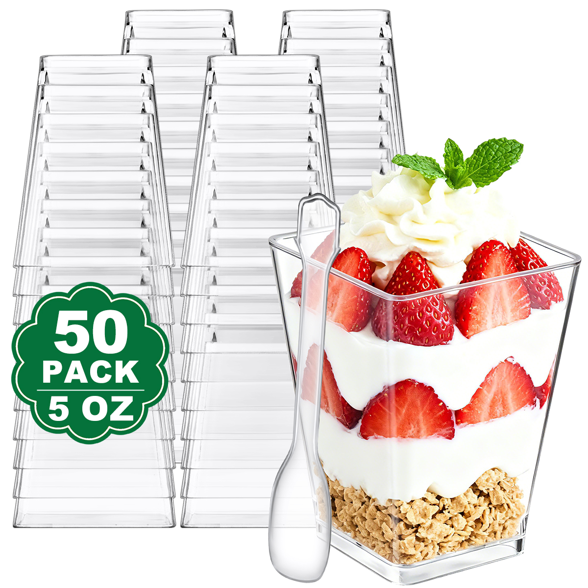 BagDream 5 Oz Plastic Dessert Cups with Spoons, 50 Pack photo 1