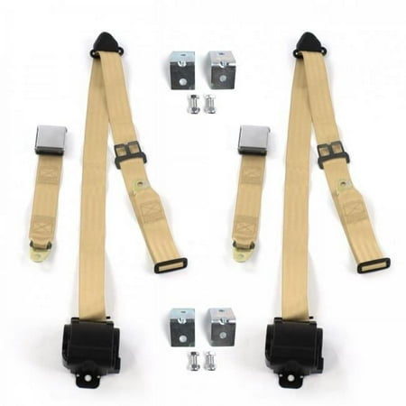Airplane 3 Point Tan Retractable Bucket Seat Belt Kit with Bracketry for Ford Fairlane 1968-1969 - 2 Belts