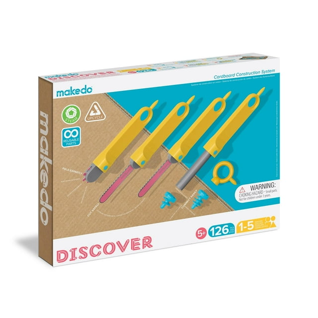 Makedo Discover | 126 Piece Cardboard Construction Toolbox for 1-5 Makers | STEM and STEAM Educational Toys for Kids | at Home Play + Classroom Learning | Reusable Tools for B