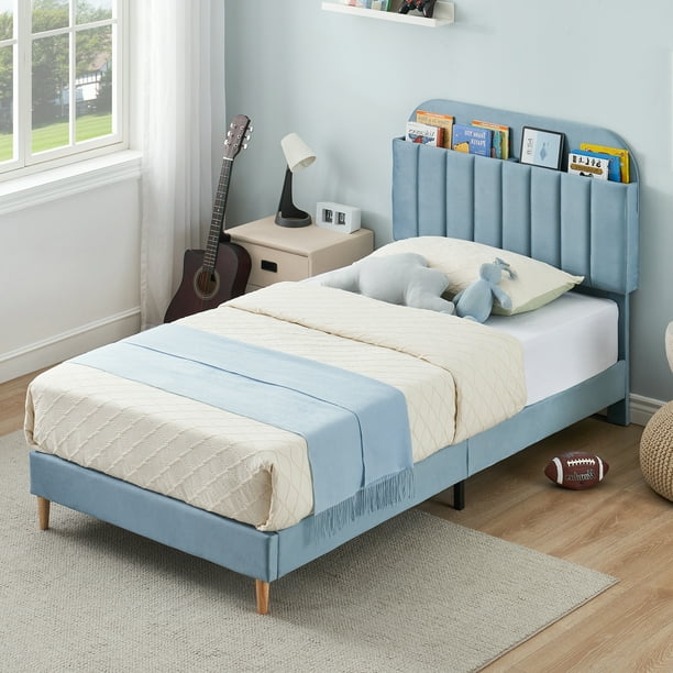 Yeshouse Cama de terciopelo con plataforma, cabecero con espacio de almacenaje y librería, estructura tapizada con listones de madera y patas de metal, fácil de montar y silenciosa