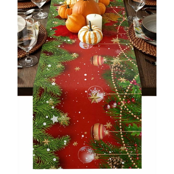 Red Gold Christmas Balls Table Runner-Cotton Linen- 70 Inch Holiday Dresser Scarves, Winter Pine Branches Snowflakes Tablerunner for Kitchen Coffee/Dining Bedroom Living Room Dinner Scarf Décor 13x70