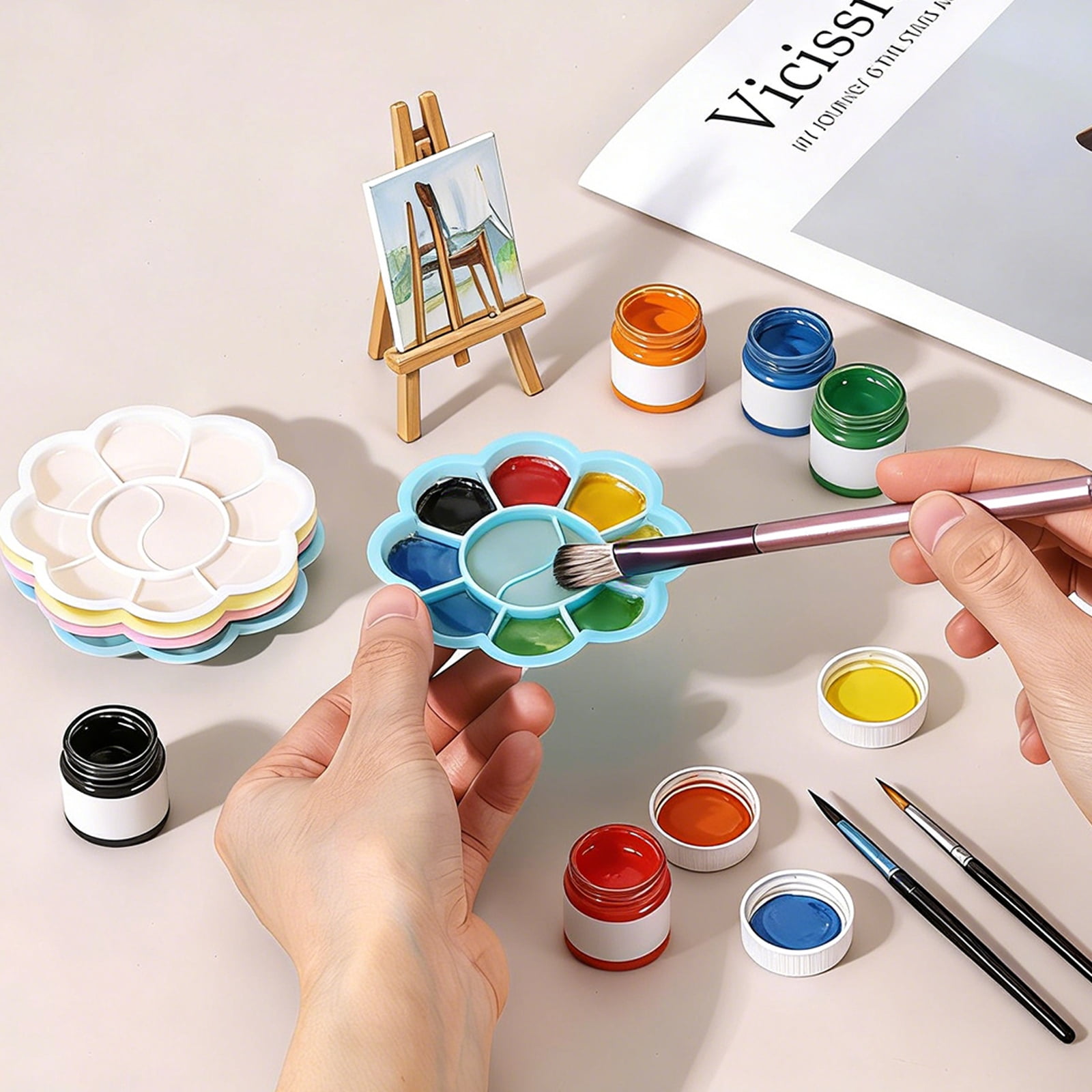 Uxcell Paint Tray Palette, 7.1" Flower Shape Plastic Watercolor Palette Painting Tray for DIY Craft Art Class Painting Party Supplies Paint Holder(White, Pack of 16)