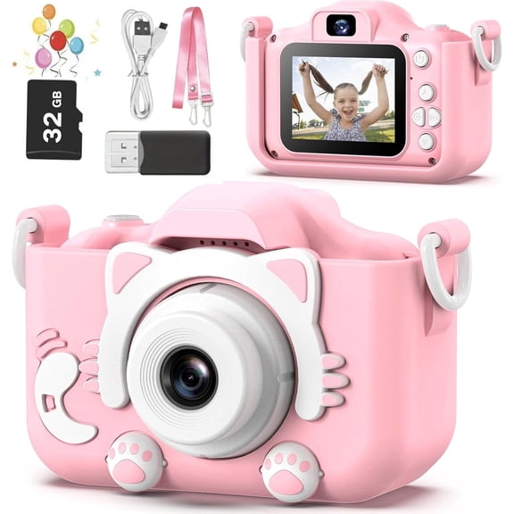 Kids Camera with 32GB SD Card – 1080P Children Digital Video Camcorder Camera with Cartoon Soft Cover, for Toddler Boys Girls Ages 3-9, Christmas Birthday Festival Gift,Pink