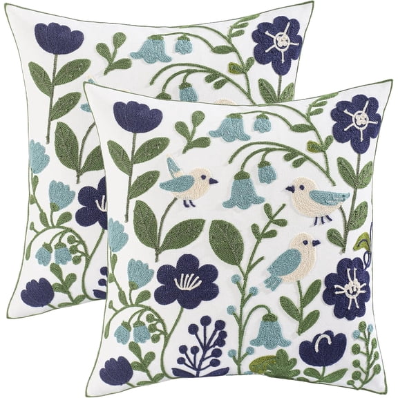 Tosleo Embroidered Pillow Covers 18x18 Pack of 2 Birds Throw Pillow Covers Green Leaves with Floral Pillowcases Farmhouse Pillow Cushion Cases Square Navy Blue Flower Pillow Case Spring Home Decor