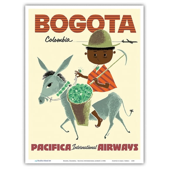 Bogota Colombia - Pacifica International Airways - Andes Boy with Colombian Emeralds - Vintage Airline Travel Poster by Sokoloff c.1950s - Master Art Print (Unframed) 9in x 12in