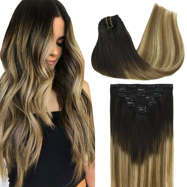 GOO GOO Extensiones de cabello con clip de cabello humano real 20 pulgadas 4.23 oz 7 piezas 2/6/18 Balayage marrón a rubio sucio Remy extensiones de cabello humano clip ins para mujeres cabello humano