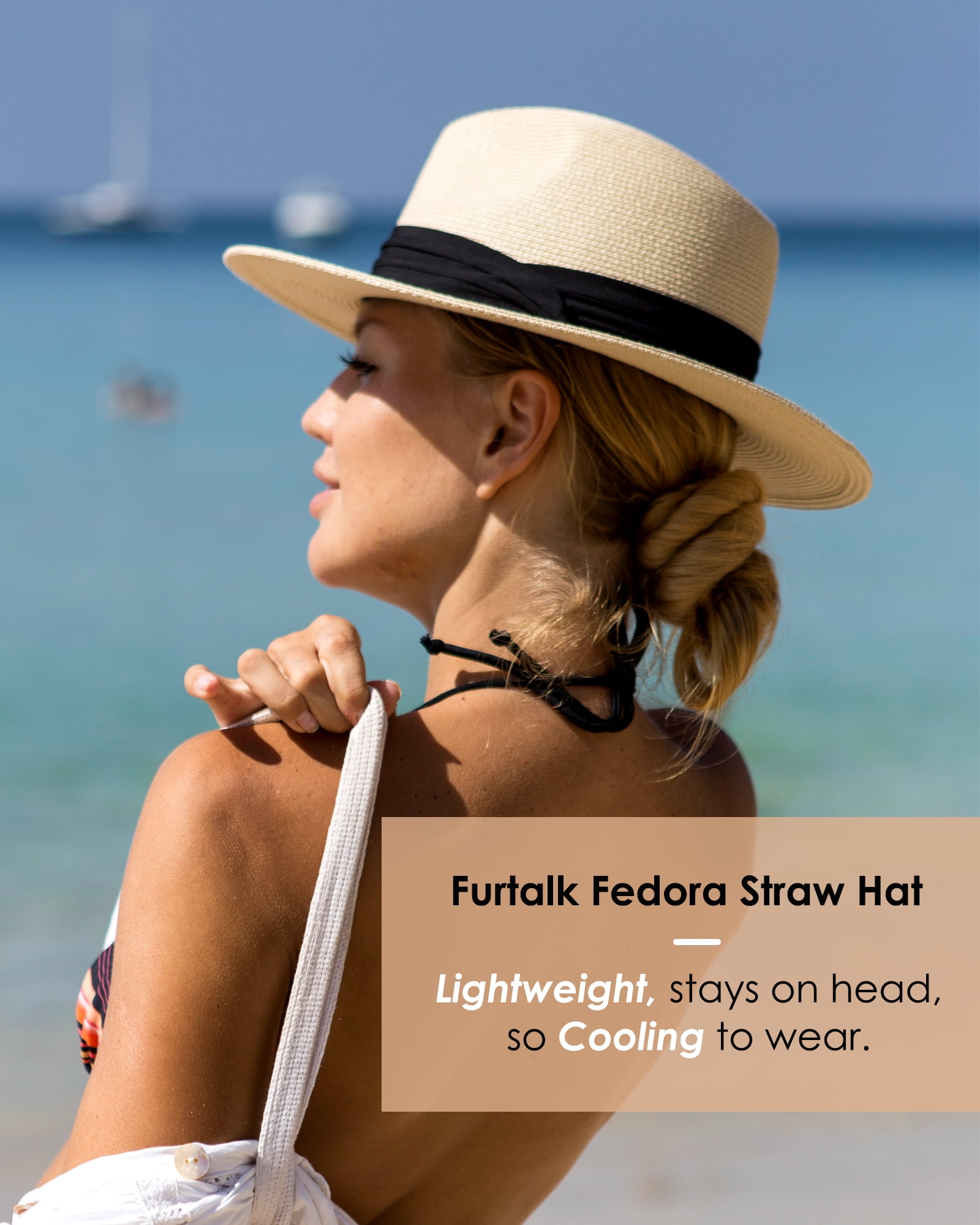 Panama Hat Sun Hats for Women Men Wide Brim Fedora Straw Beach Hat UV UPF 50-  Beige- L 