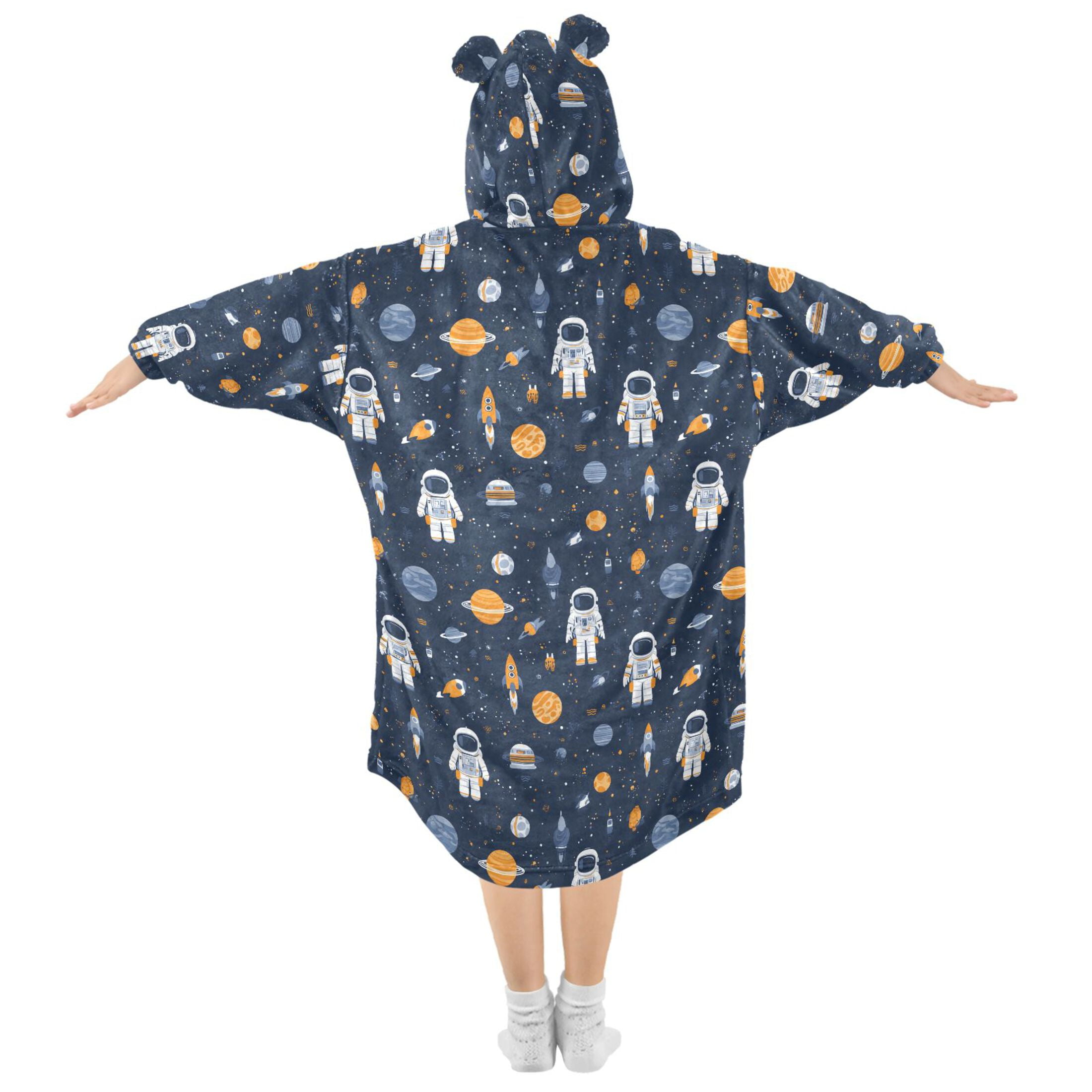 Wearable Blanket Hoodie for Kids Astronaut Star Flannel Hooded Blanket with Pockets and Sleeves Suitable for Boys and Girls